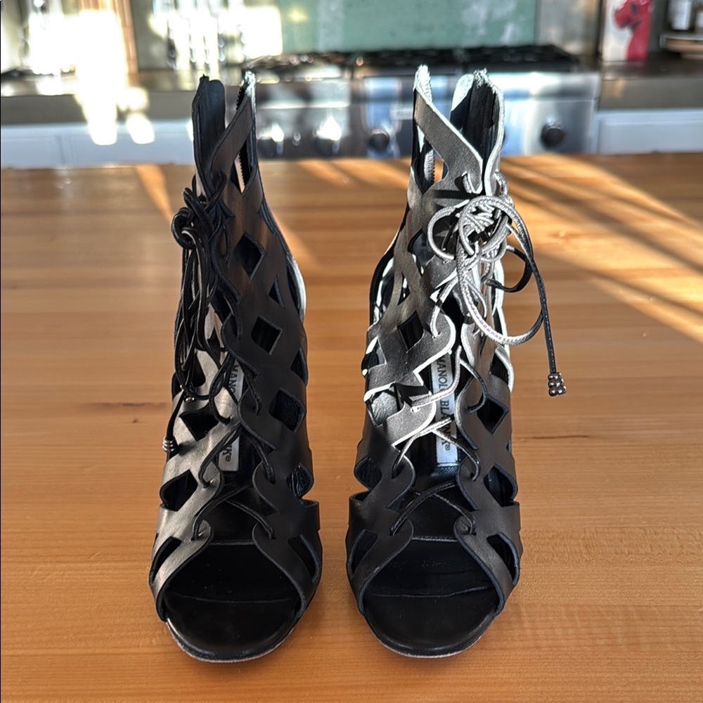 Manolo Blahnik Black Lace-Up Heeled Sandal